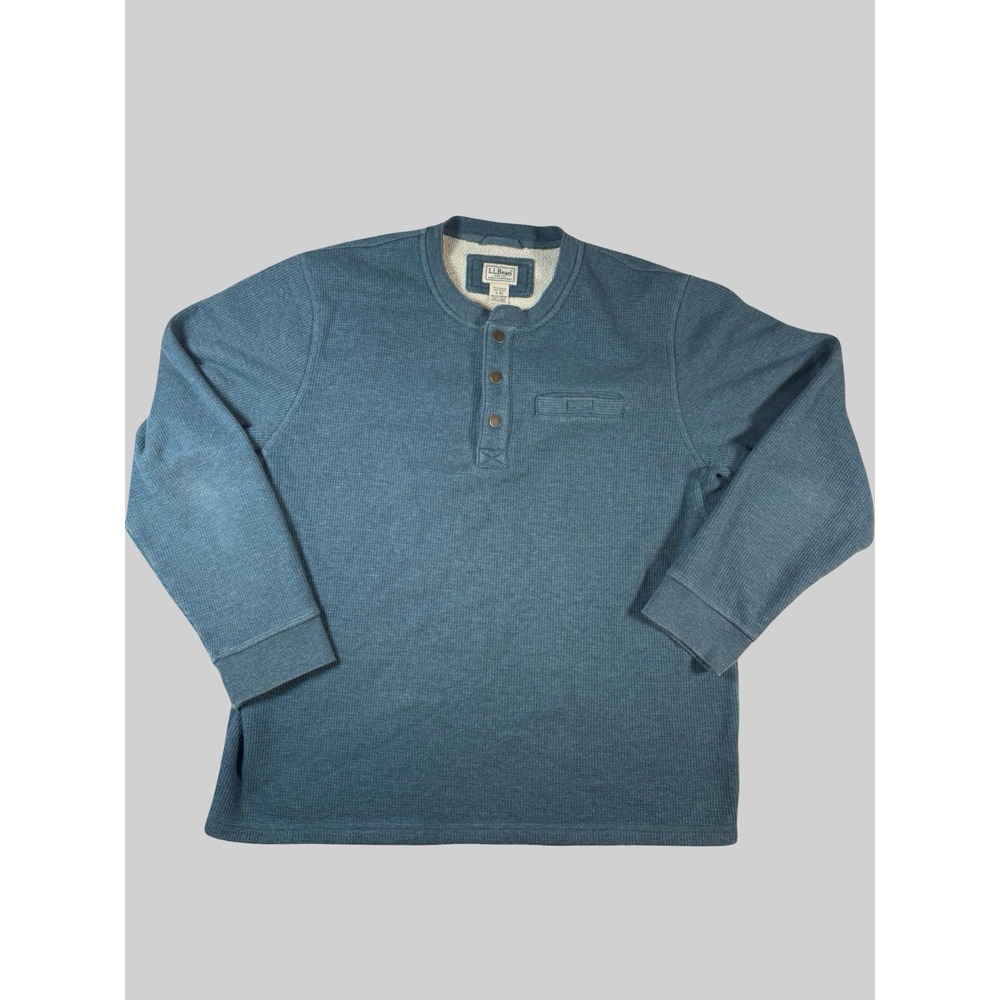 LL Bean Henley Pullover Mens XL Blue Fleece Lined Waffle Knit Long Sleeve Shirt
